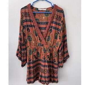Zara Boho Romper Sz L Lined Short Lace V-Neck Colorful Boho Tribal Southwestern
